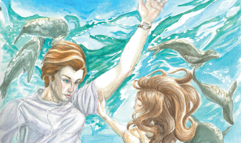 watercolor painting of woman and selkie in water