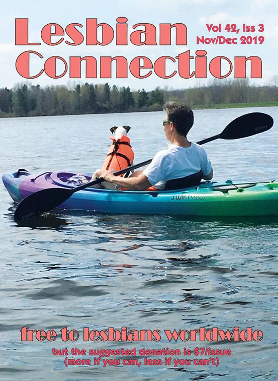 LC Nov/Dec 2019 cover - photo of lesbian in kayak with dog