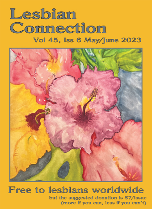May/June 2023 Issue of LC: yellow/orange background w/ hibiscus flowers painting in center (yellows, pinks, blues & greens)