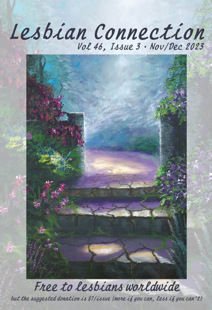 Soft lit garden scene w/ purple flowers surrounding the path
